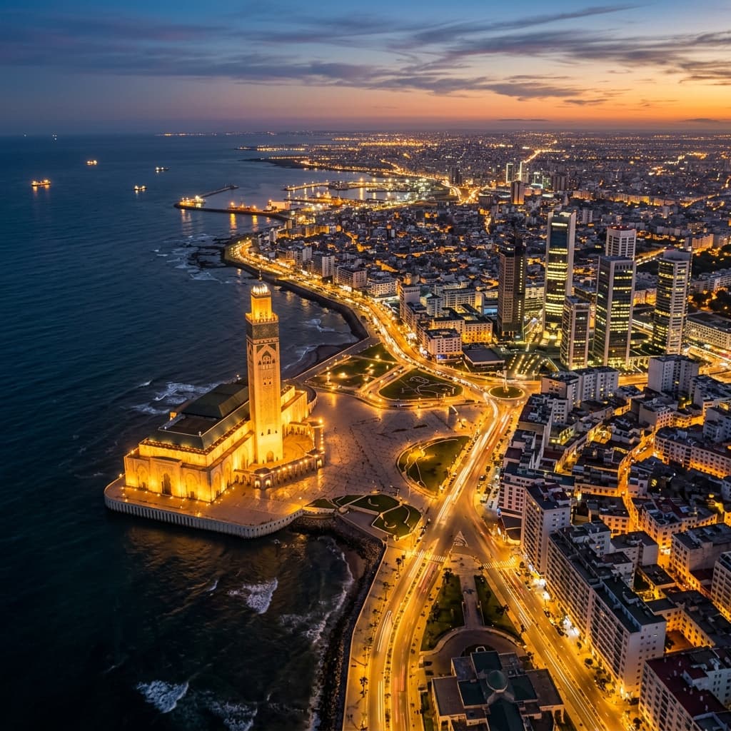 Aerial view of Casablanca at dusk, home of Customer Obsession's headquarters